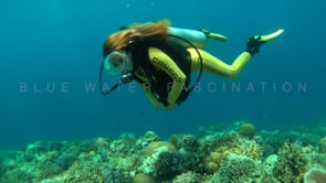 1263_female scuba diver with vintage oval mask swimming over coral reef
