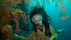 1264_female scuba diver with vintage oval mask close up soft corals