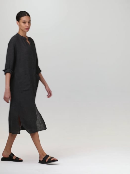 Puckered Organic Linen Mandarin Collar Shirtdress | EILEEN FISHER