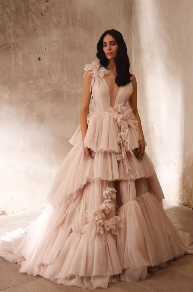 Amira V Neck Blush Wedding Dress with Flowers and Ruffles by Luce Sposa Available Online Only