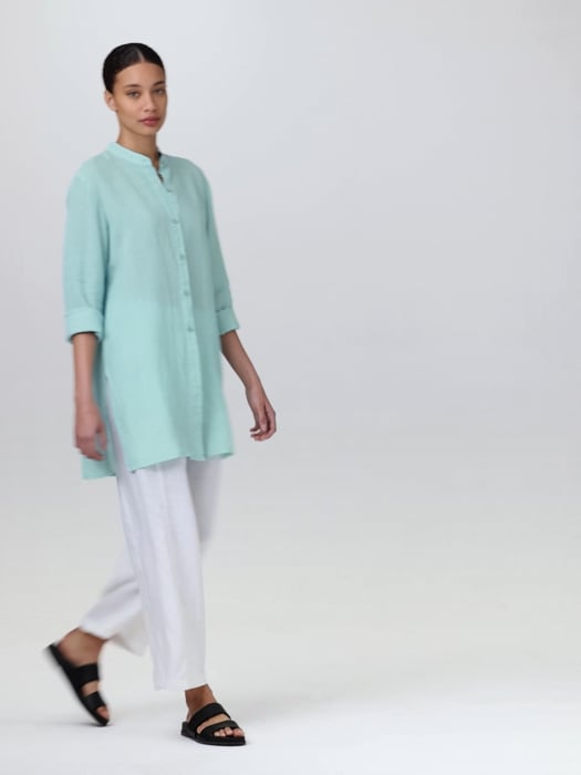 Garment-Dyed Handkerchief Linen Mandarin Collar Long Shirt