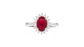 2.20 Carat Simulated Ruby and .20 ct. t.w. CZ Halo Ring in Sterling Silver