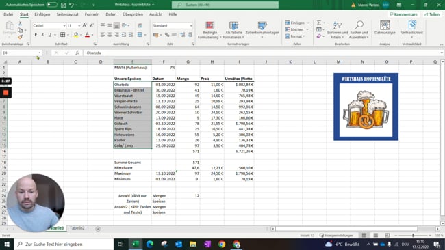 5.2 Anzahl von Werten ermitteln (=ANZAHL)