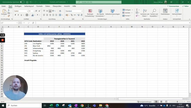 11.2.1 Zellen mit Zahlenwerten zählen (=ANZAHL)
