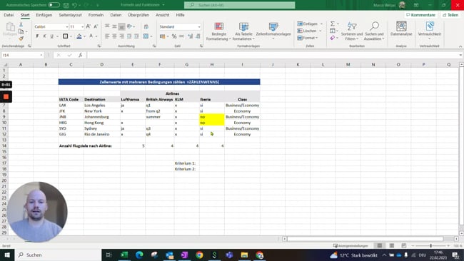 11.2.4 Zellenwerte mit mehreren Bedingungen zählen (=ZÄHLENWENNS)