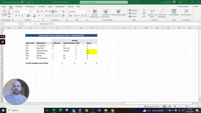 11.2.3 Zellenwerte mit einer Bedingungen zählen (=ZÄHLENWENN)