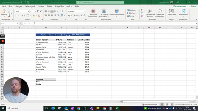 11.2.6 Werte addieren mit einer Bedingung (=SUMMEWENN)