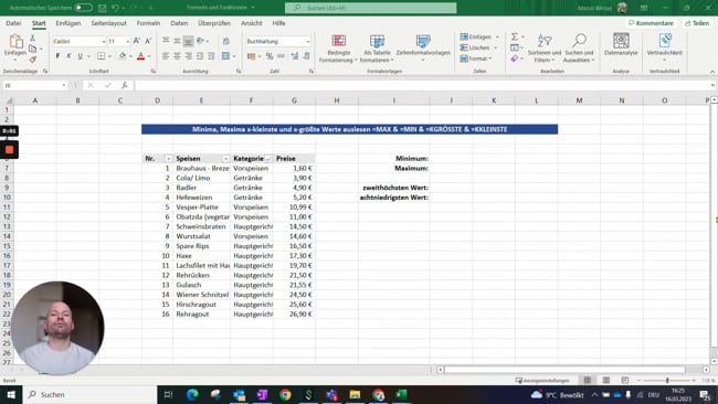 11.4.1 Minima, Maxima x-kleinste und x-größte Werte auslesen (=MAX & =MIN & =KGRÖSSTE & =KKLEINSTE)