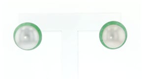 9.5-10mm Cultured Pearl and Green Jade Earrings in 14kt Yellow Gold