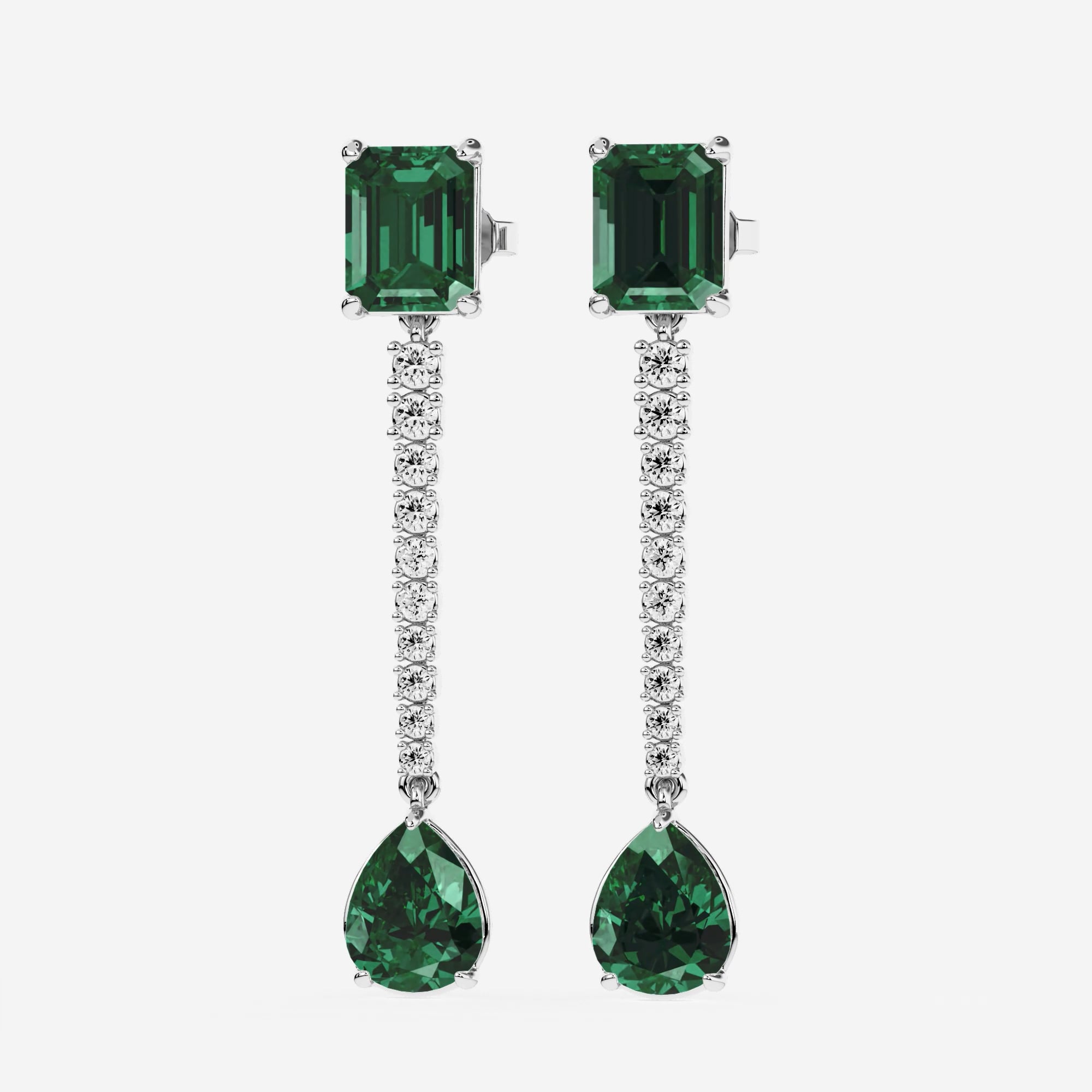 product video for 9X7mm Emerald Cut, 10x8mm Pear Cut Created Emerald and 3/4 ctw Round Lab Grown Diamond Linear Earrings
