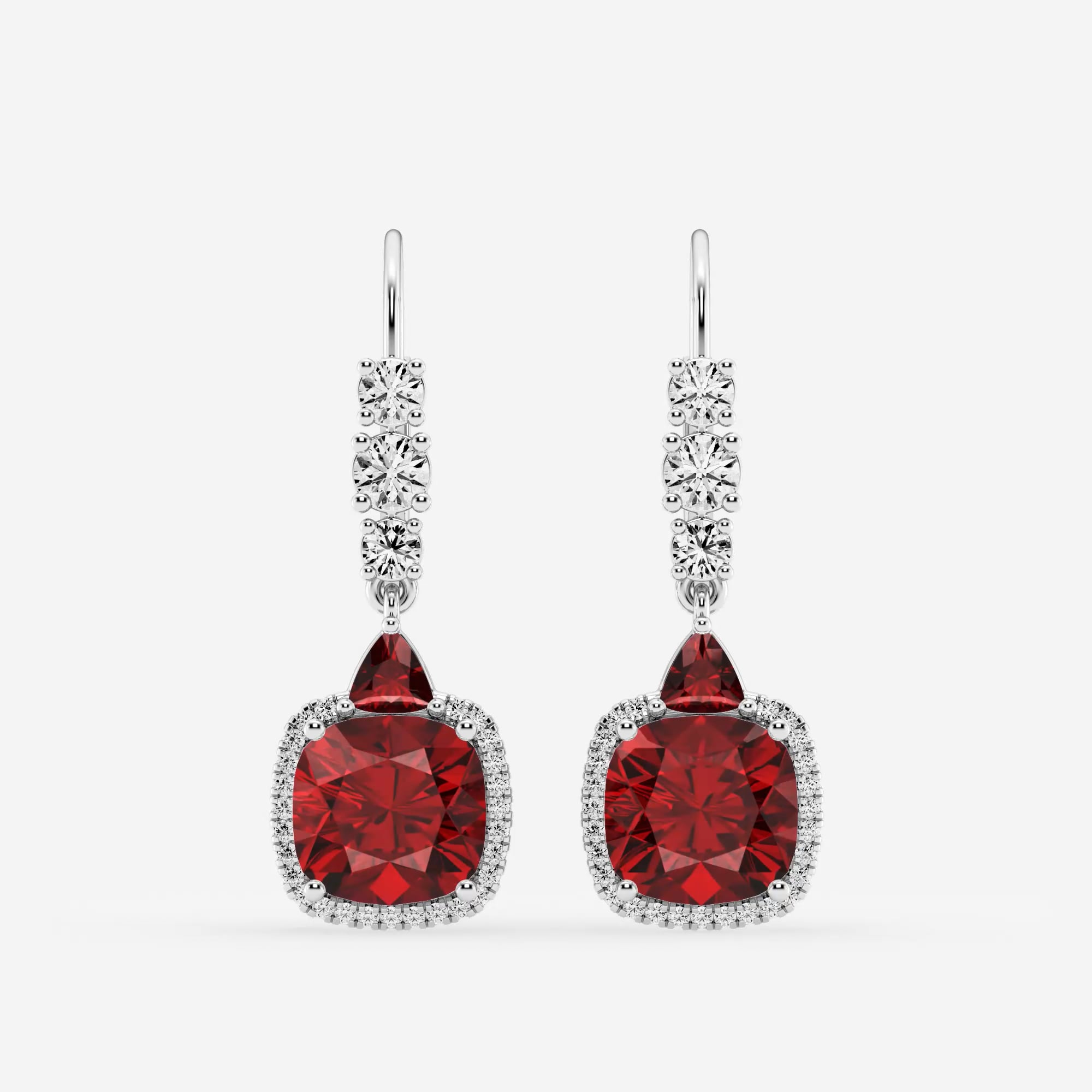 product video for 8mm Cushion, 3.5mm Trillion Cut Created Ruby and 5/8 ctw Round Lab Grown Diamond Drop Earrings