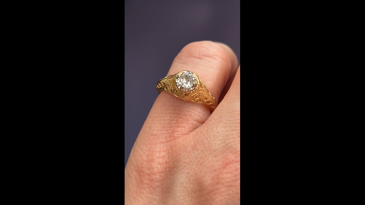 Vintage Half Carat Diamond Filigree Engagement Ring in Yellow Gold