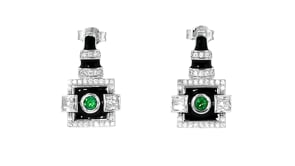 20 ct. t.w. Simulated Emerald and .70 ct. t.w. CZ Art Deco-Style Earrings with Black Enamel in Sterling Silver