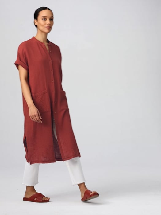 Organic Cotton Gauze Mandarin Collar Dress | EILEEN FISHER Organic Cotton Gauze Mandarin Collar Dress | EILEEN FISHER