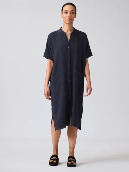 Organic Cotton Gauze Mandarin Collar Dress | EILEEN FISHER