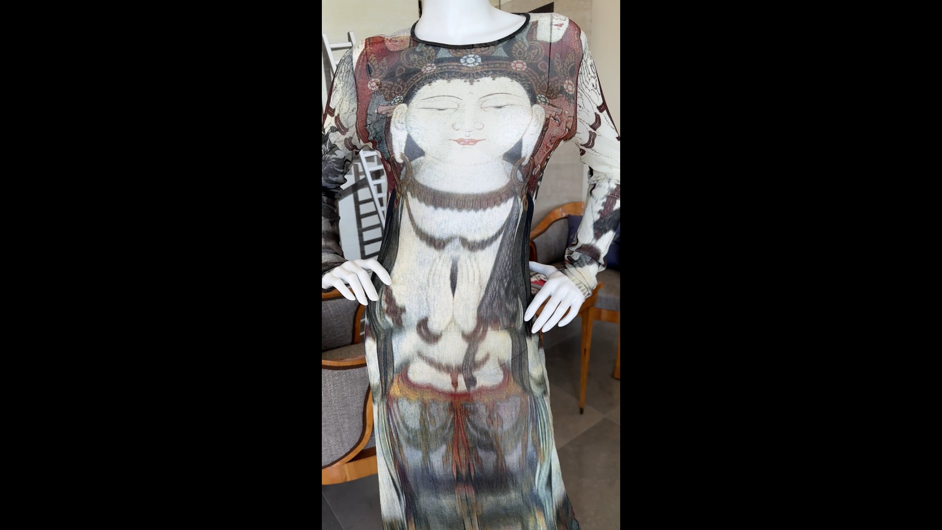 Vivienne Tam Floor Length 1997 Long Sleeve Mesh Buddha Dress For 