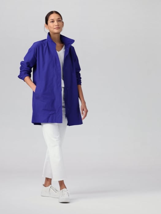 Light Cotton Nylon Stand Collar Long Coat | EILEEN FISHER