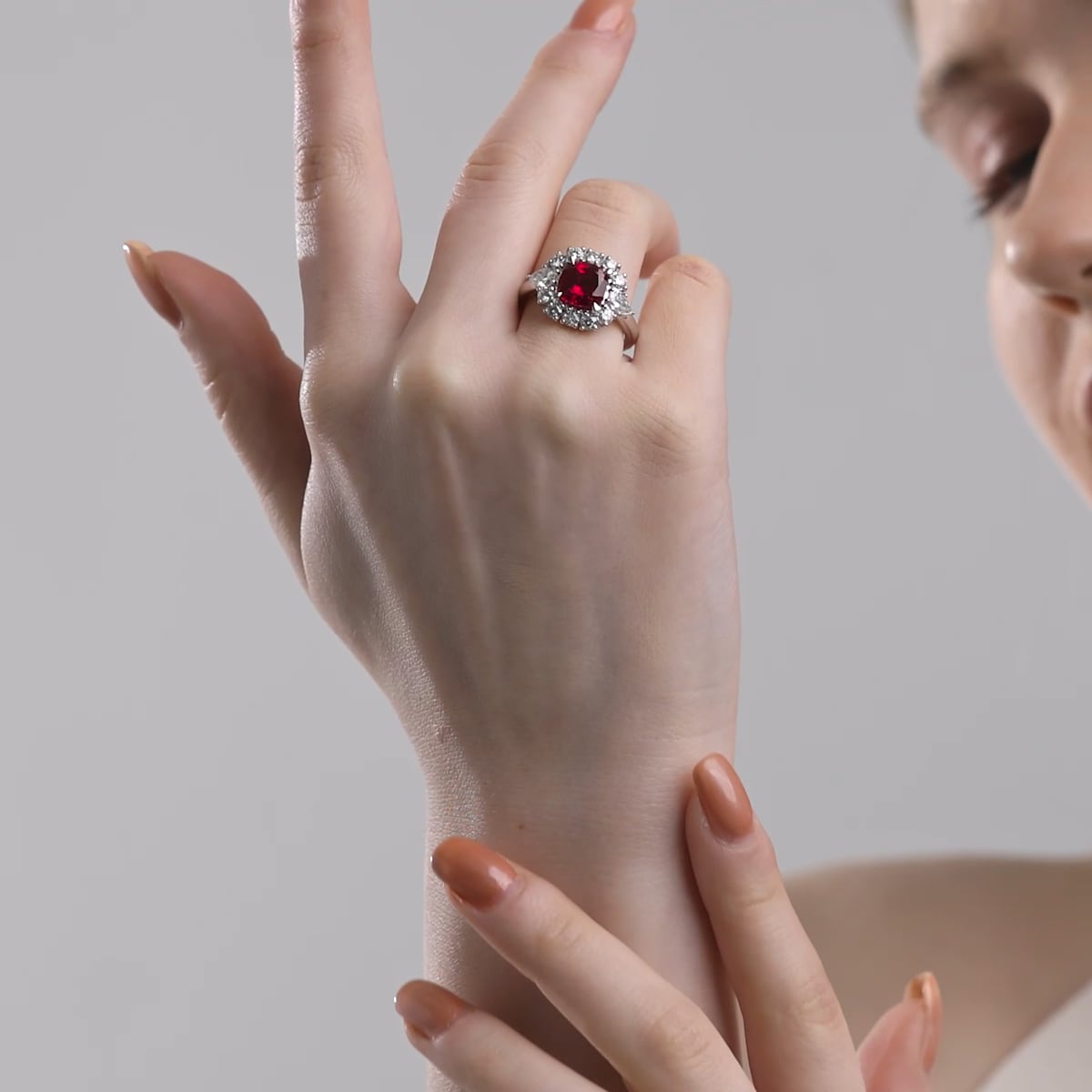 product video 2 for 4 1/3 ctw Cushion Cut Ruby with Round & Pear Lab Grown Diamond Halo Engagement Ring