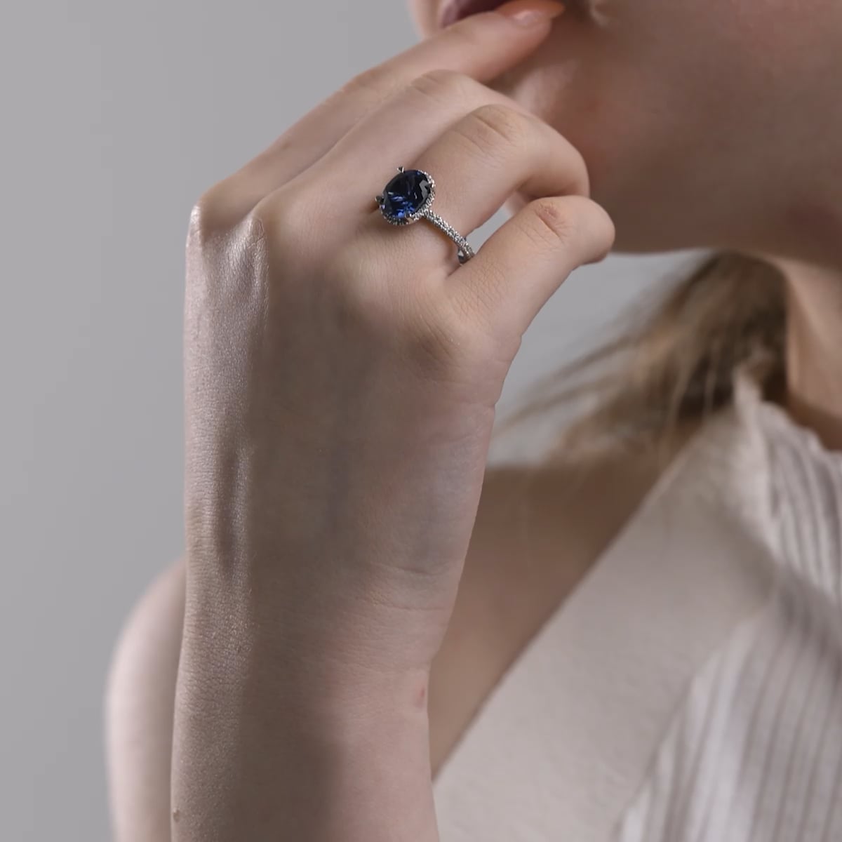 product video 2 for 10x8mm Oval Cut Created Sapphire and 2/5 ctw Lab Grown Diamond Halo Engagement Ring