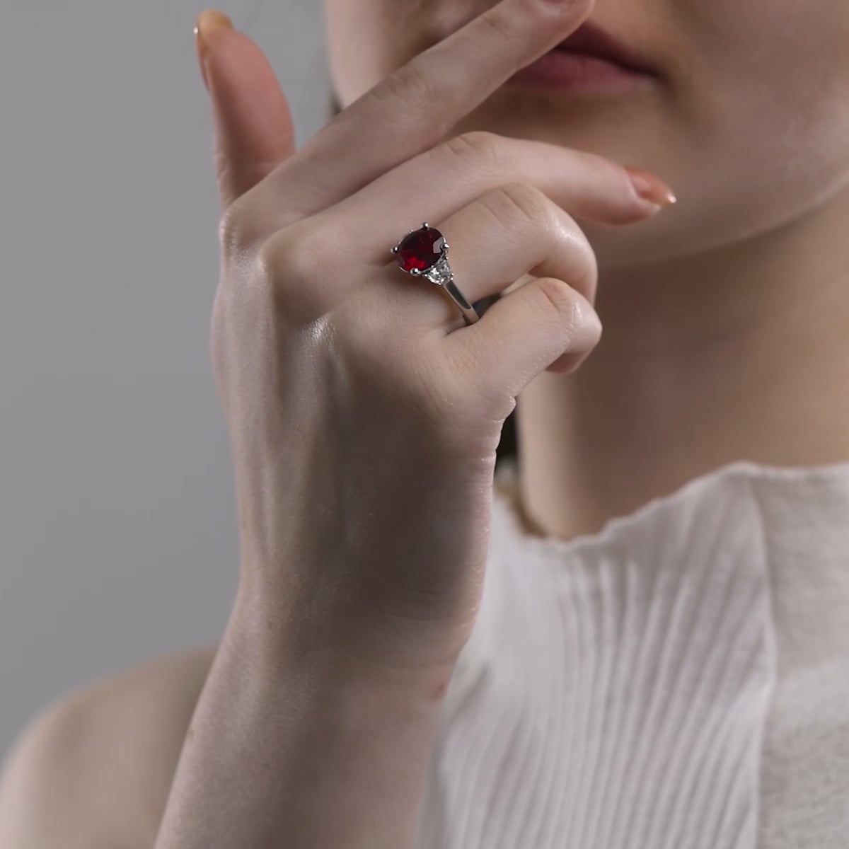 product video 2 for 10x8mm ctw Oval Cut Created Ruby and 1/2 ctw Lab Grown Diamond Three-Stone Engagement Ring