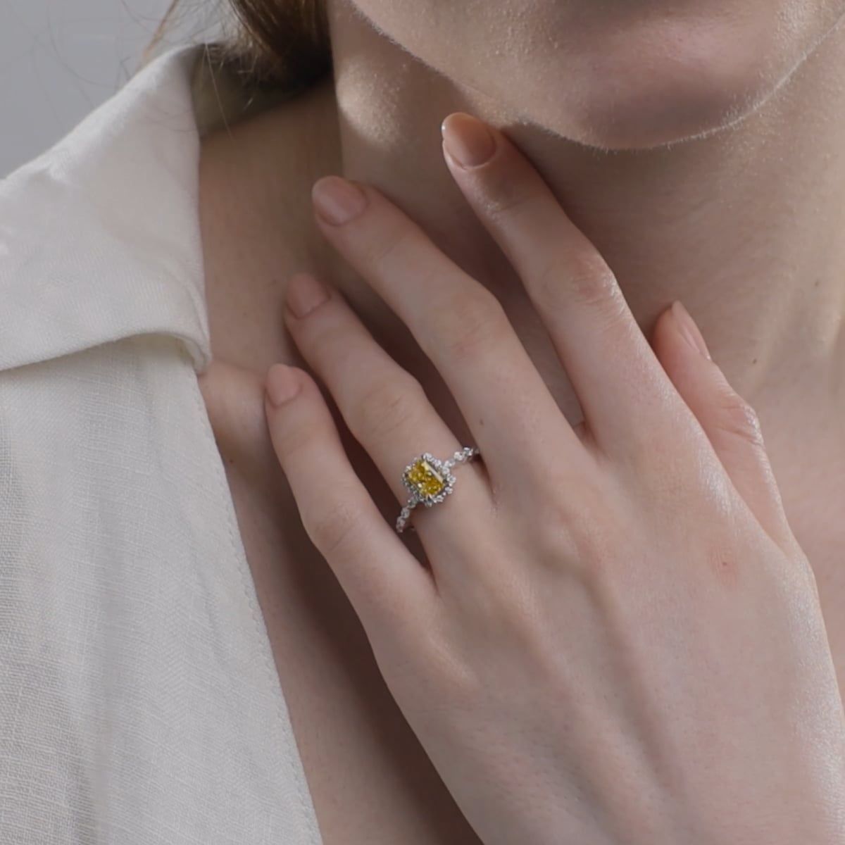 product video 2 for 1 1/2 ctw Radiant Lab Grown Diamond Fancy Yellow Floating Diamond Halo Engagement Ring