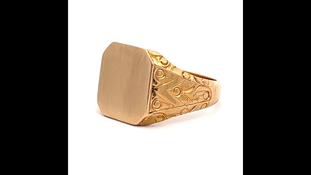 14k Yellow Gold Signet Ring For Men - Engravable Rectangular Face, Polished Finish, Size 9