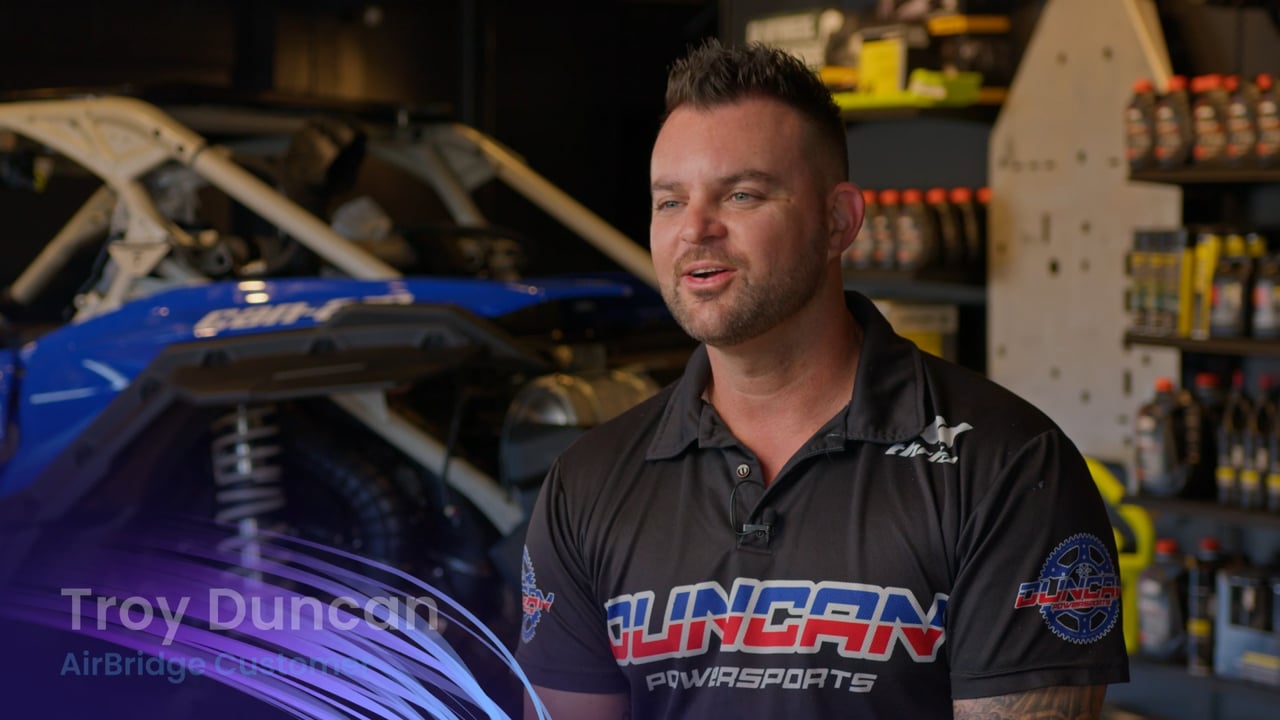 Troy Duncan of Duncan Powersports interviewed in his workshop for an AirBridge Networks testimonial video