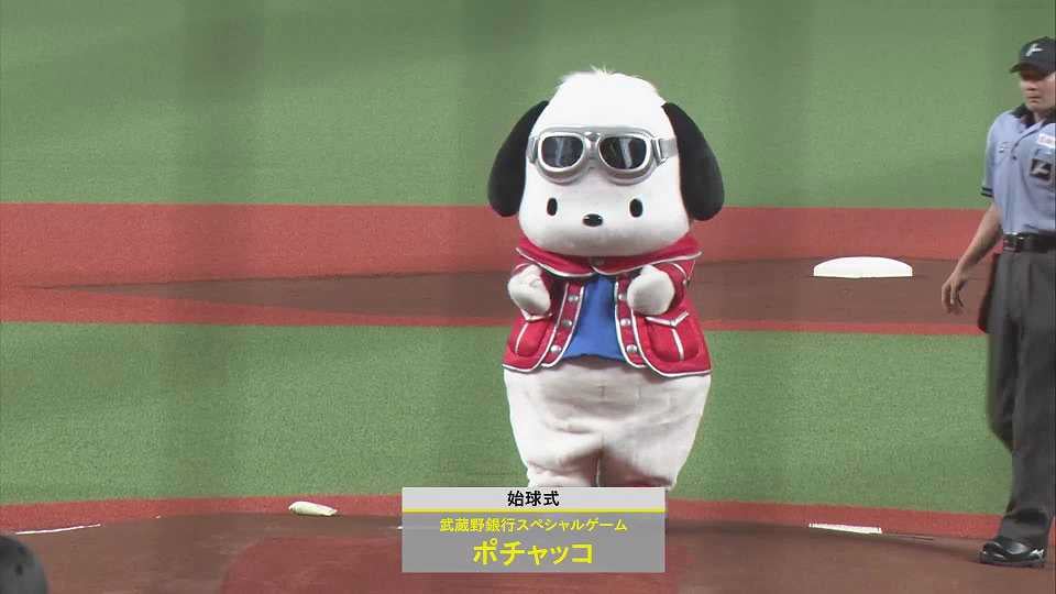 武蔵野銀行のイメージキャラクターも務めるサンリオキャラクターのポチャッコが始球式に登場!!  2023年7月1日 埼玉西武ライオンズ 対 福岡ソフトバンクホークス