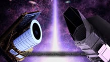 Artist concept of two spacecraft: ESA’s Euclid space telescope is on the left, and NASA’s Nancy Grace Roman Space Telescope is on the right. The two telescopes lie symmetrically against a dark purple swath of space, which contains stars, galaxies, and vein-like wisps. A bright purple vertical line is in the center of the image. Text at the bottom reads “A collaborative aspect is intentionally embedded in the mission’s design.” 