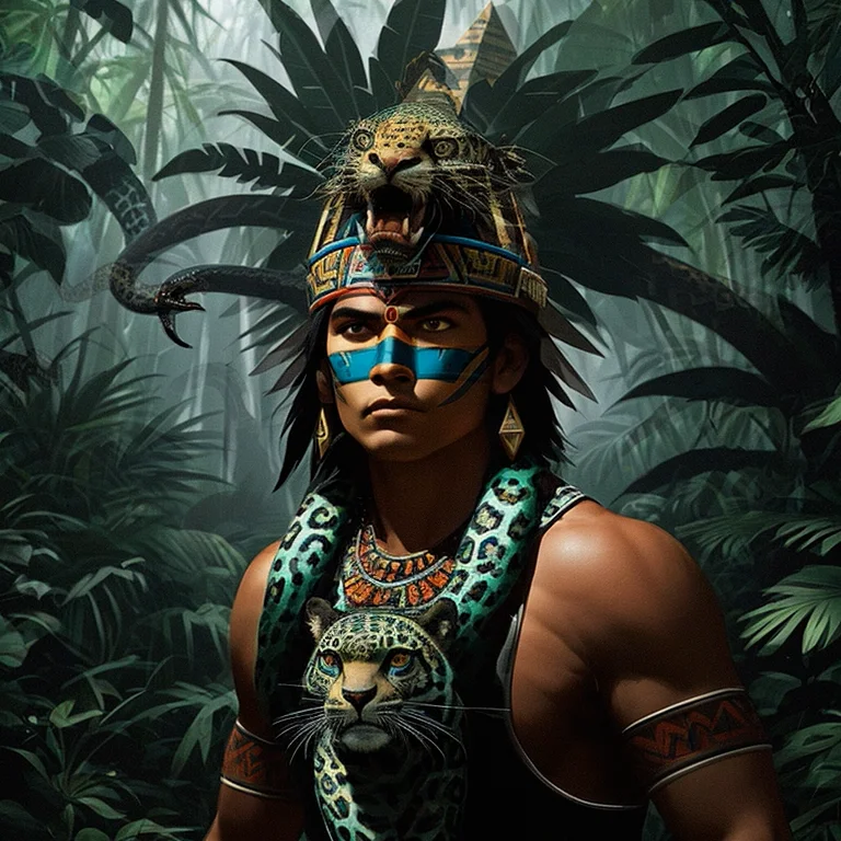 Aztec warrior running and fighting Serpents and jaguars in a jungle ...