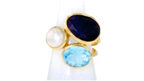 8mm Cultured Pearl, 6.50 Carat Sapphire and 3.80 Carat Sky Blue Topaz Ring in 18kt Gold Over Sterling