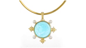 Italian Tagliamonte Blue Venetian Glass Pendant with 5-6mm Cultured Pearls in 18kt Gold Over Sterling