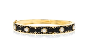 3.5-4mm Cultured Button Pearl and Black Enamel Bangle Bracelet in 18kt Gold Over Sterling