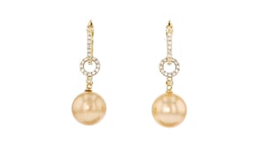 10-11mm Golden Cultured South Sea Pearls and .29 ct. t.w. Diamond Hoop Drop Earrings in 18kt Yellow Gold