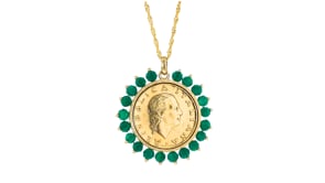 Genuine 200-Lira Coin and Green Agate Medallion Pendant Necklace in 18kt Gold Over Sterling