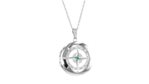 Sterling Silver Compass Locket Necklace with Emerald Accent