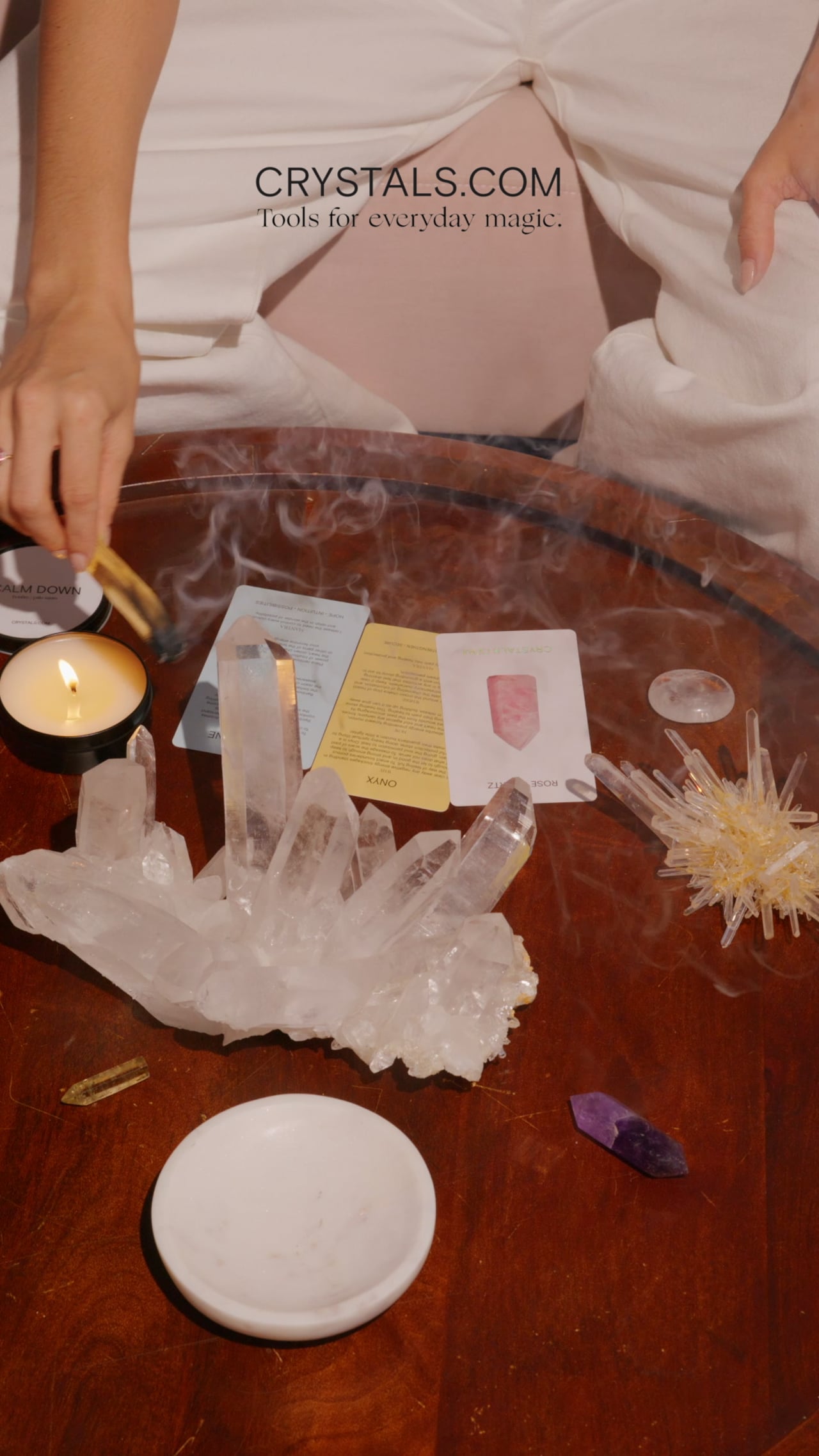 Crystal rituals and styling — palo santo and crystals