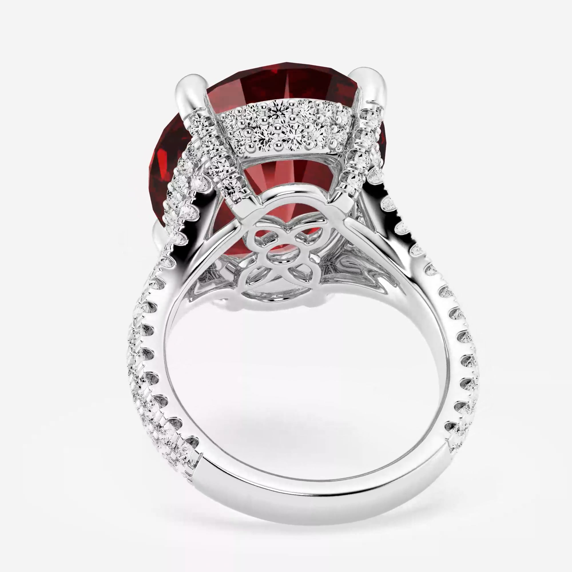product video for 19.5x13.9mm Oval Cut Created Ruby and 1 1/2 ctw Round Lab Grown Diamond Hidden Halo Engagement Ring