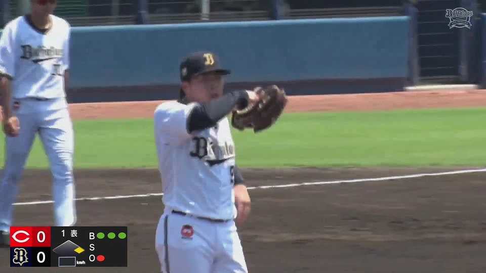【ファーム】鋭い送球!! バファローズ・東晃平がスリーボールから牽制アウトを奪う!!  2023年7月11日 オリックス・バファローズ 対 広島東洋カープ