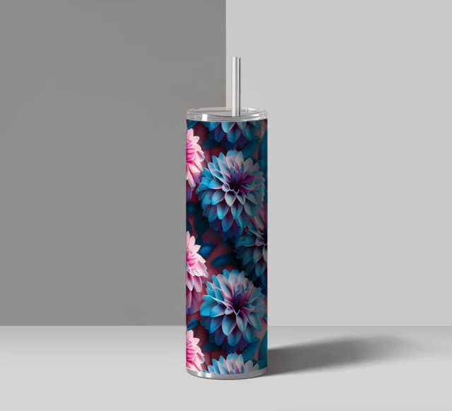 3D Pink and Gold Flowers Tumbler Wrap Sublimation PNG