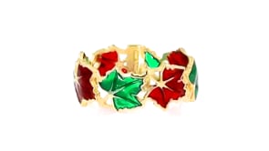 Italian Red and Green Enamel Leaf Ring in 14kt Yellow Gold