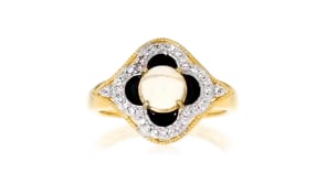 Ethiopian Opal and .20 ct. t.w. White Topaz Ring with Black Enamel in 18kt Gold Over Sterling