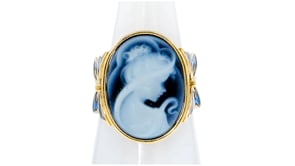 Italian Blue Agate Cameo Ring with Blue Enamel in 18kt Gold Over Sterling