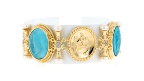 Italian Tagliamonte Mother-of-Pearl and Blue Venetian Glass Bracelet with Cultured Pearls and .20 ct. t.w. Sky Blue Topaz in 18k