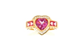 3.20 ct. t.w. Pink Topaz and .18 ct. t.w. Diamond Heart Ring in 18kt Gold Over Sterling