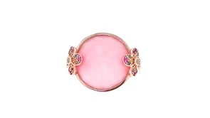 Pink Opal and .24 ct. t.w. Multicolored Sapphire Floral Ring with White Zircon Accents in 18kt Rose Gold Over Sterling