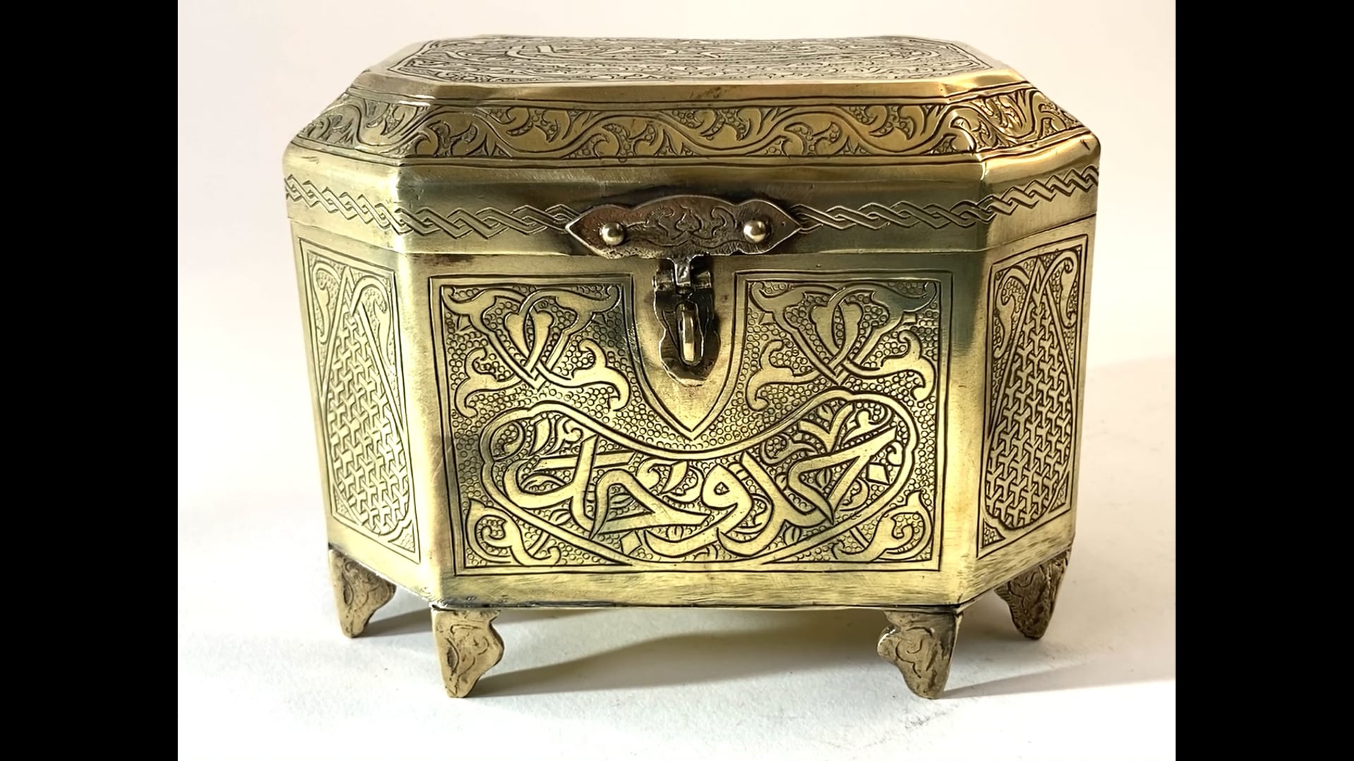 1920 Persian Brass Jewelry Box in Mamluk Revival Damascene Moorish
