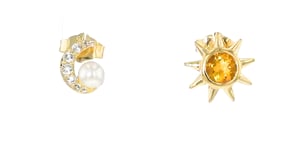 4mm Cultured Pearl and .60 ct. t.w. Multi-Gemstone Sun and Moon Mismatched Earrings in 18kt Gold Over Sterling