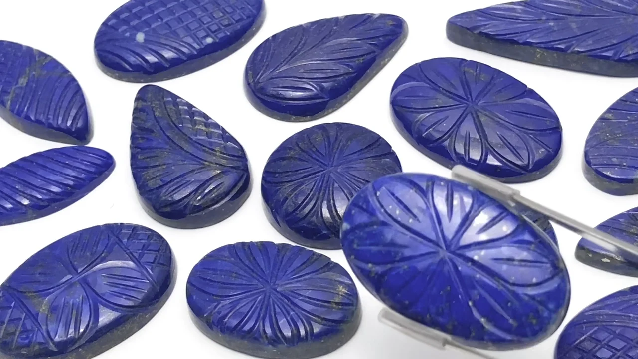 動画】ラピスラズリAAA 彫刻入りカボション ミックスシェイプ 2個