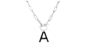 Black Diamond Initial Paper Clip Link Toggle Necklace in Sterling Silver